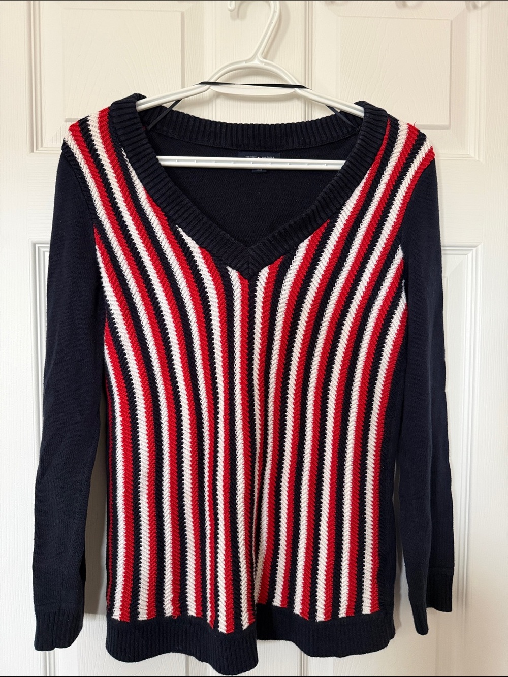 Tommy Hilfiger - Navy V-Neck Sweater with Red, Blue & White Stripes